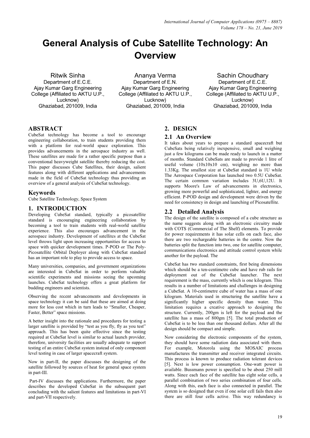 General Analysis of Cube Satellite Technology: an Overview