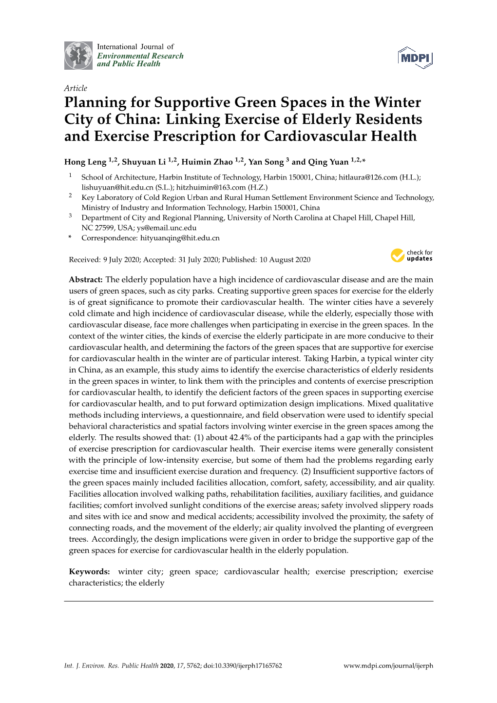 Planning for Supportive Green Spaces in the Winter City of China: Linking Exercise of Elderly Residents and Exercise Prescription for Cardiovascular Health