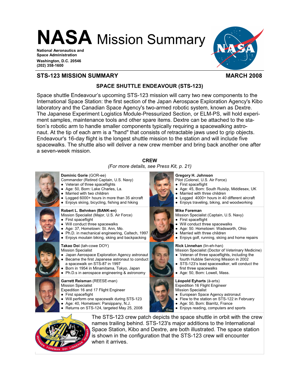 STS-123 Fact Sheet