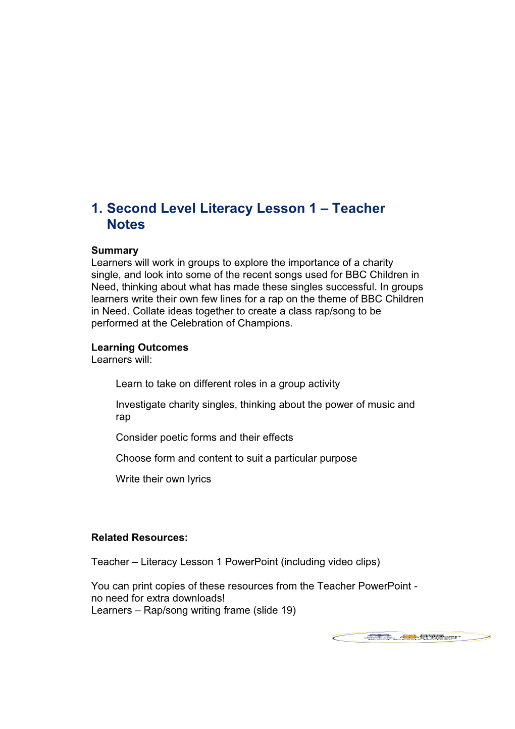 Second Level Literacy Lesson 1 Teacher Notes