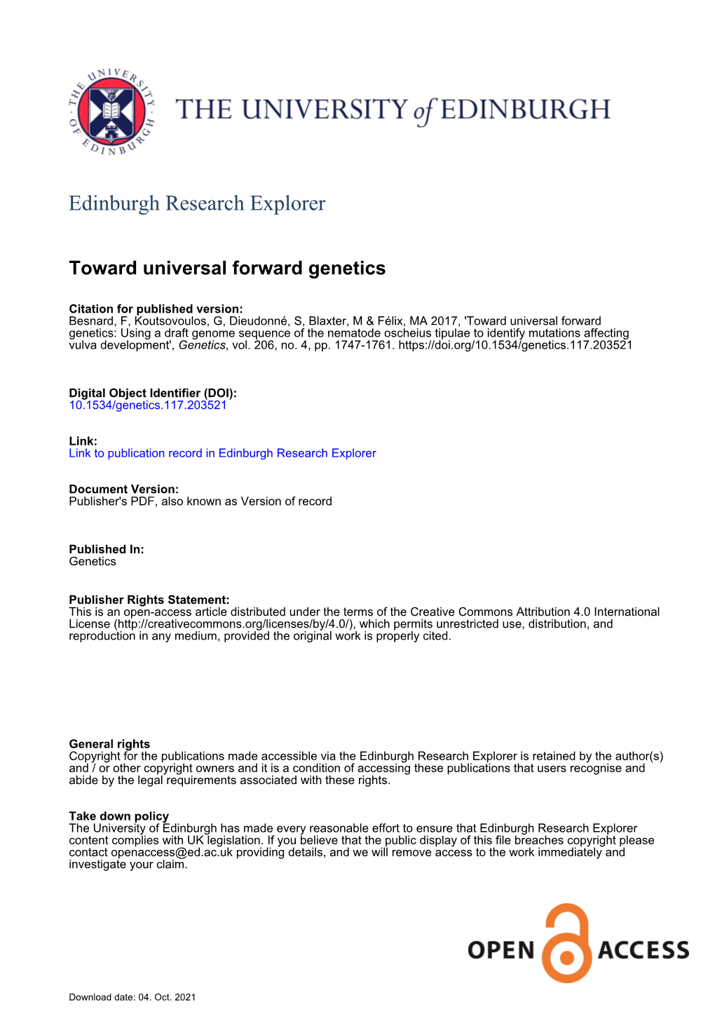 Using a Draft Genome Sequence of the Nematode Oscheius Tipulae to Identify Mutations Affecting Vulva Development', Genetics, Vol