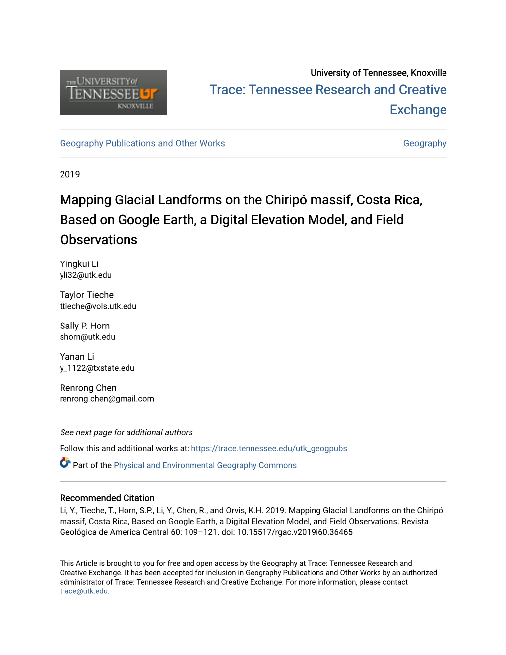 Mapping Glacial Landforms on the Chiripó Massif, Costa Rica, Based on Google Earth, a Digital Elevation Model, and Field Observations