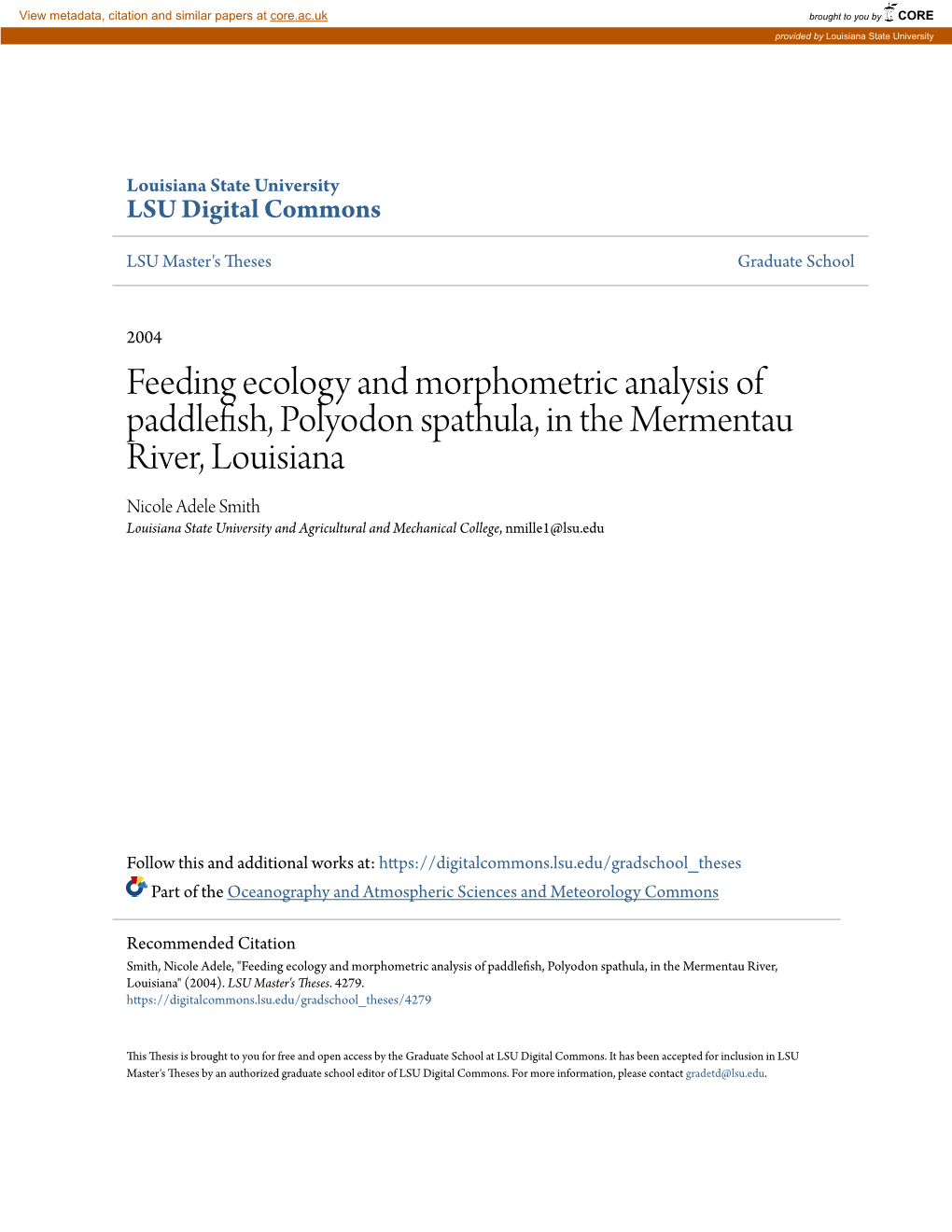 Feeding Ecology and Morphometric Analysis of Paddlefish, Polyodon