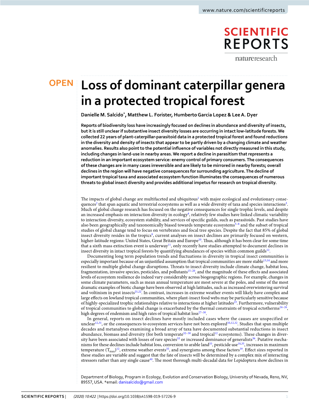 Loss of Dominant Caterpillar Genera in a Protected Tropical Forest Danielle M