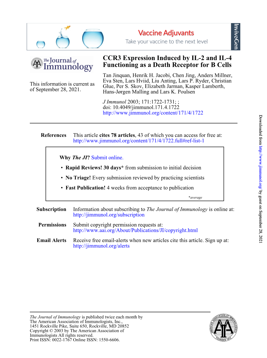 Functioning As a Death Receptor for B Cells CCR3 Expression Induced By