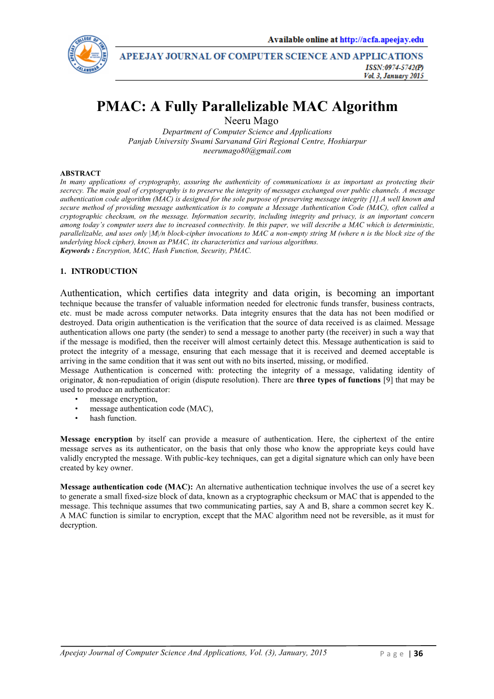 PMAC: a Fully Parallelizable MAC Algorithm