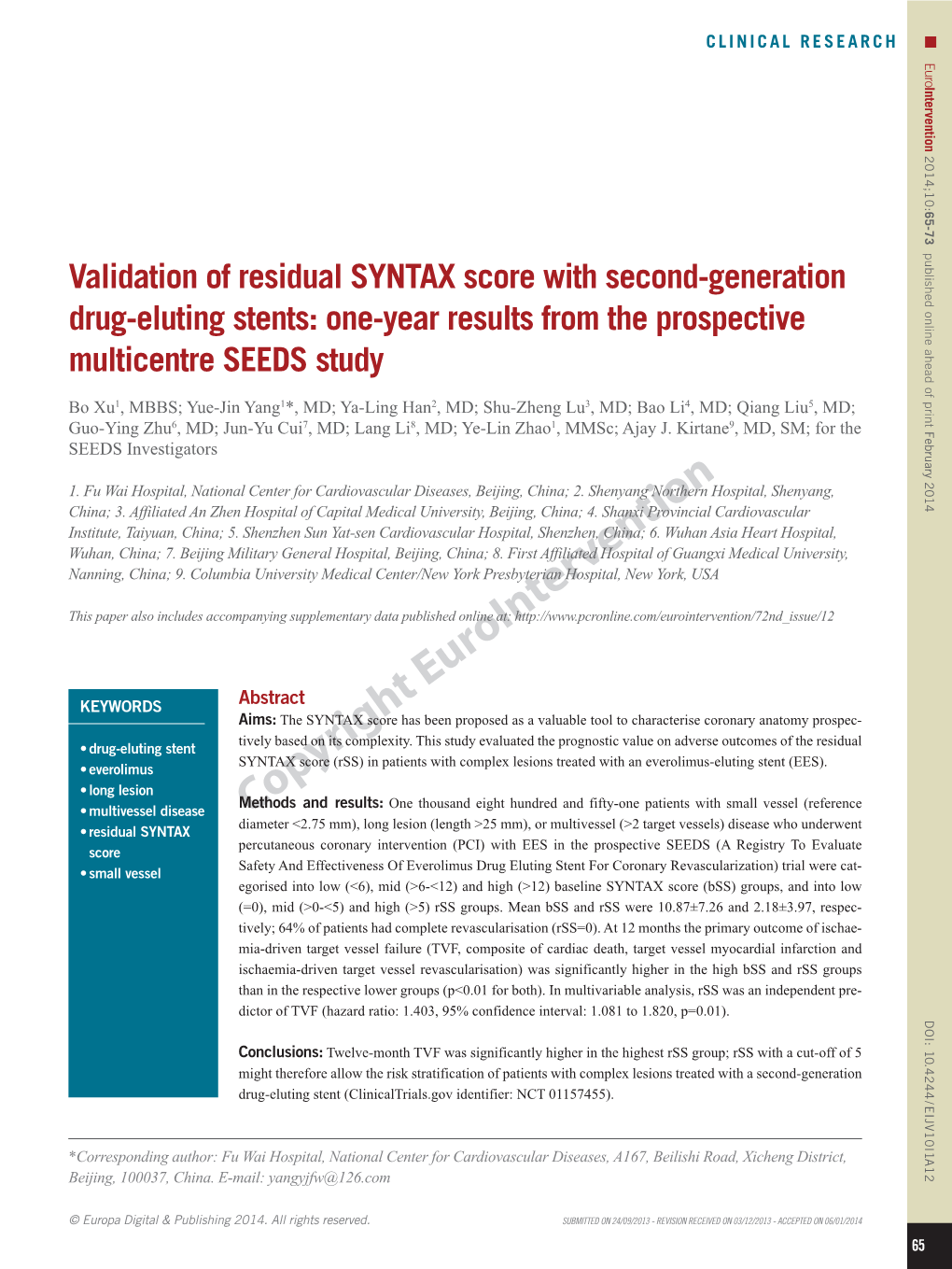 Validation of Residual SYNTAX Score with Second-Generation Drug-Eluting Stents: One-Year Results from the Prospective Multicentre SEEDS Study
