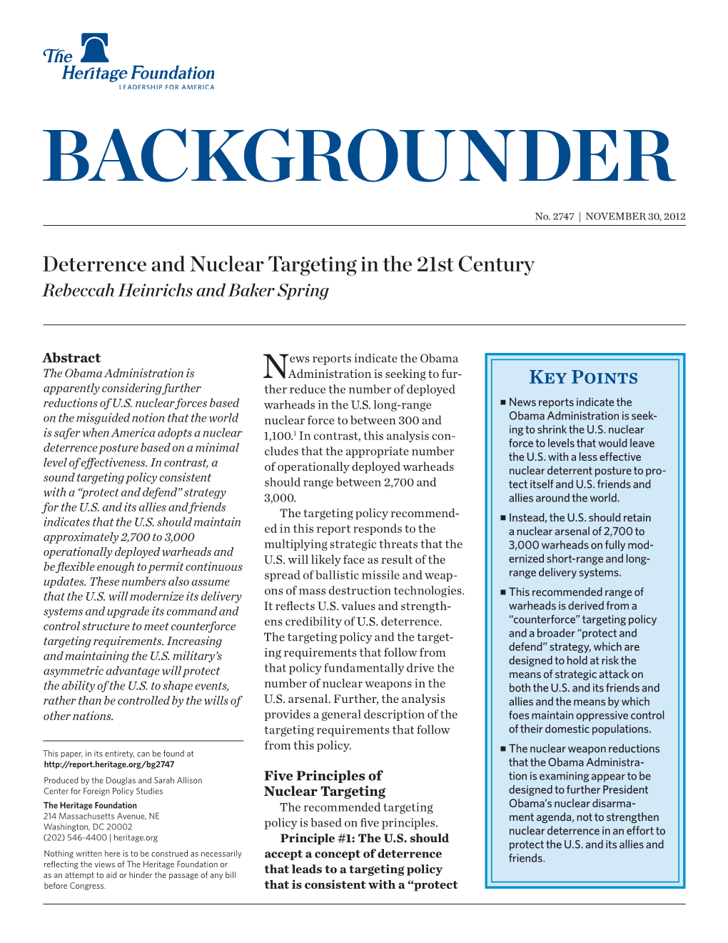 Deterrence and Nuclear Targeting in the 21St Century Rebeccah Heinrichs and Baker Spring