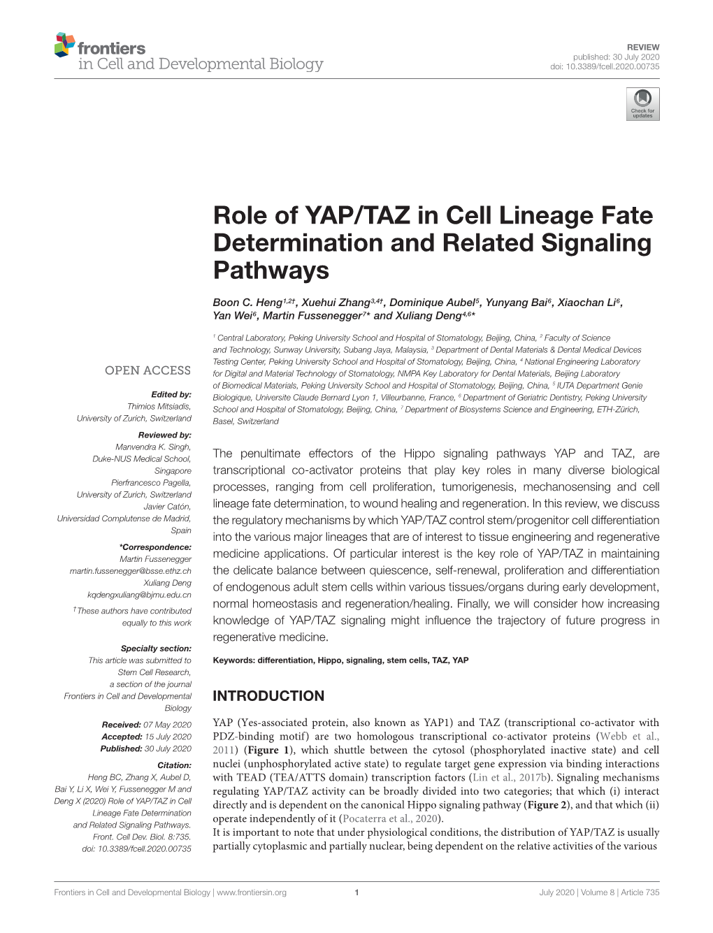 Role of YAP/TAZ in Cell Lineage Fate Determination and Related Signaling Pathways