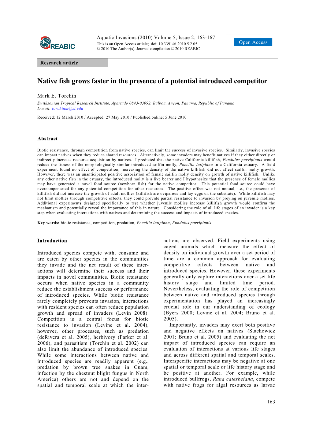 Native Fish Grows Faster in the Presence of a Potential Introduced Competitor