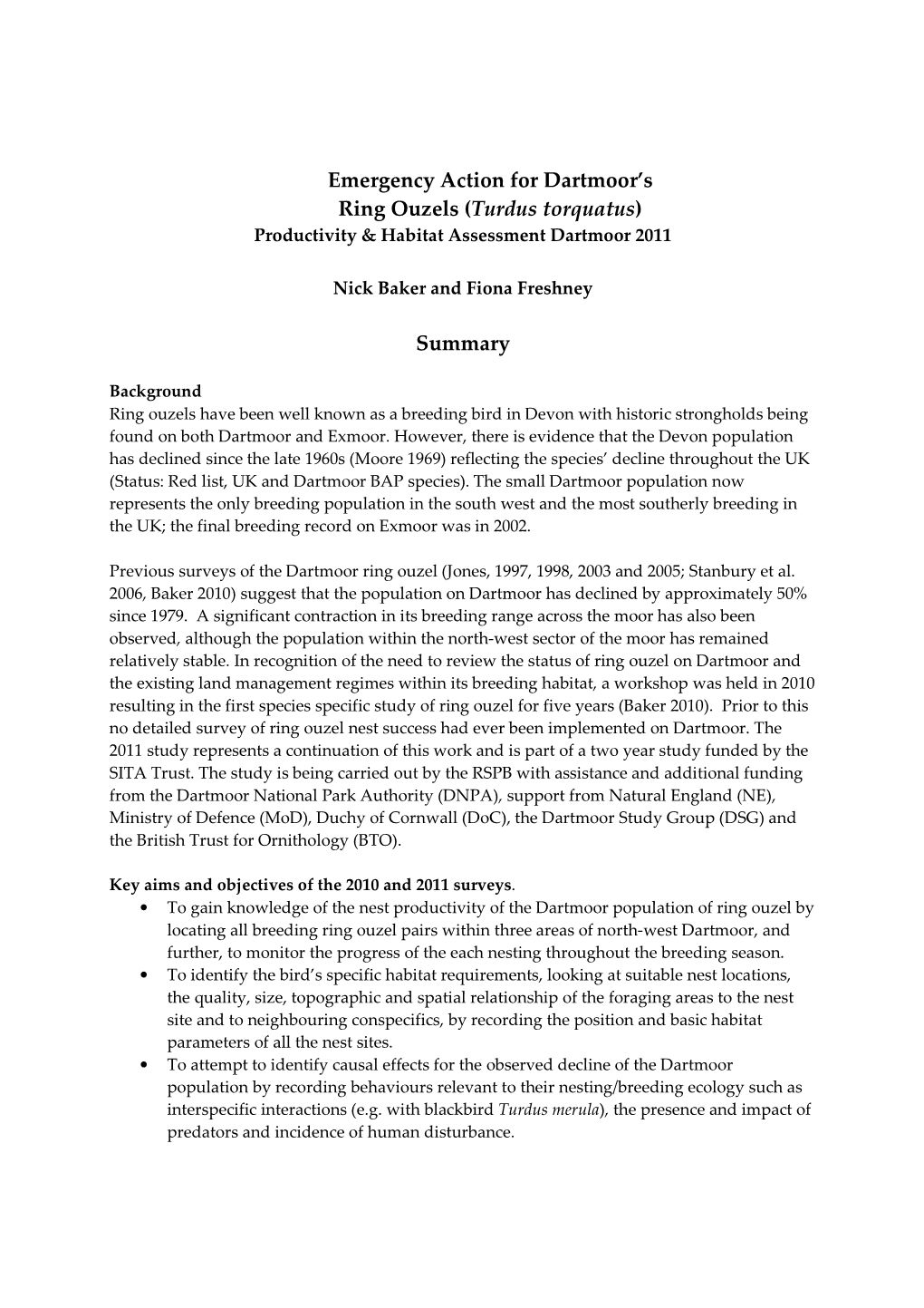 Emergency Action for Dartmoor's Ring Ouzels (Turdus Torquatus) Summary