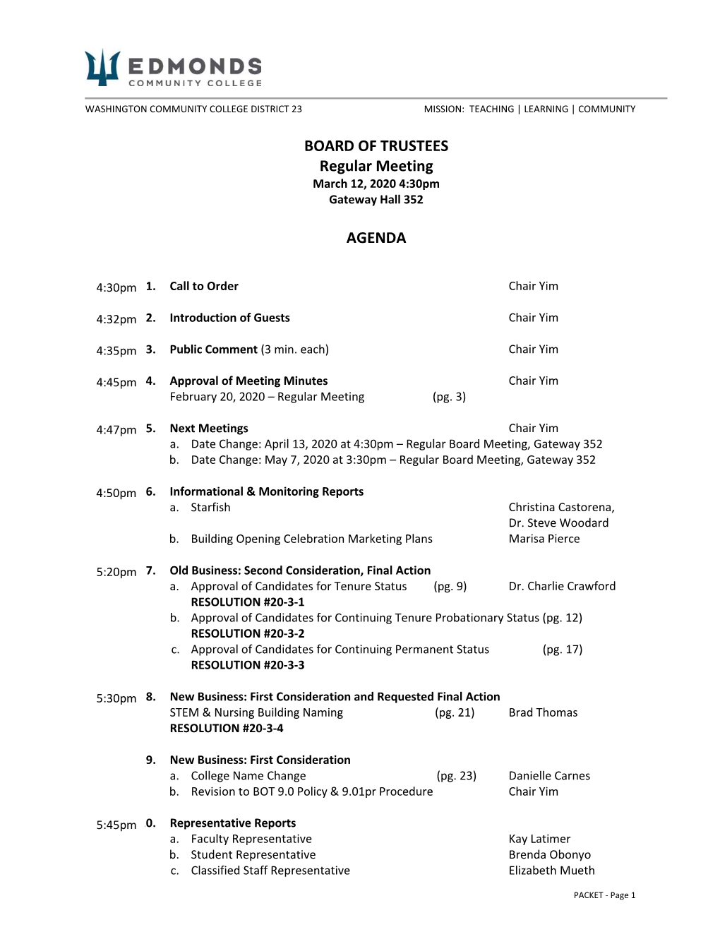 BOARD of TRUSTEES Regular Meeting AGENDA