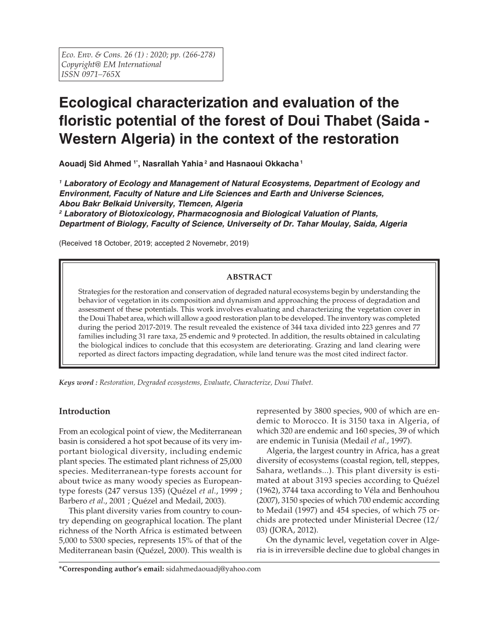 Ecological Characterization and Evaluation of the Floristic Potential of the Forest of Doui Thabet (Saida - Western Algeria) in the Context of the Restoration