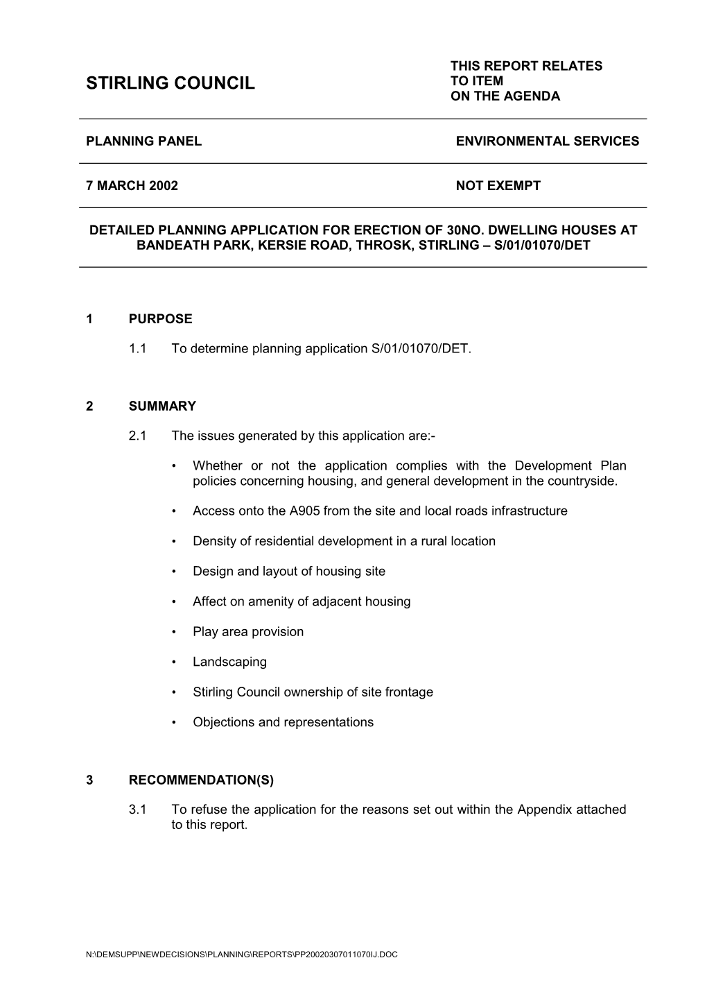 Detailed Planning Application for Erection of 30 No. Dwelling Houses at Bandeath Park, Kersie Road, Throsk, Stirling