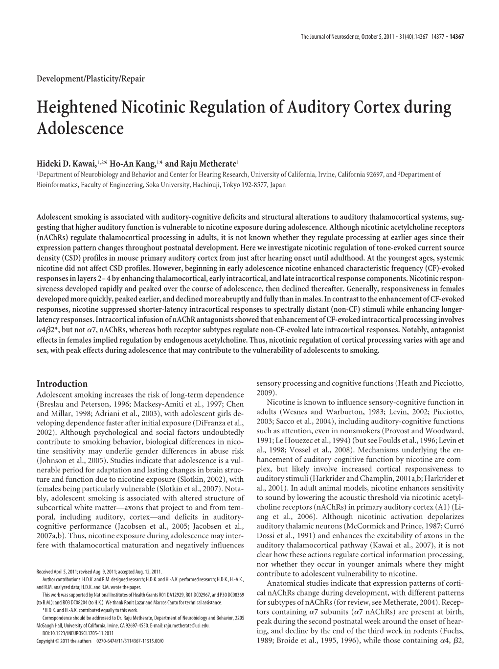 Heightened Nicotinic Regulation of Auditory Cortex During Adolescence