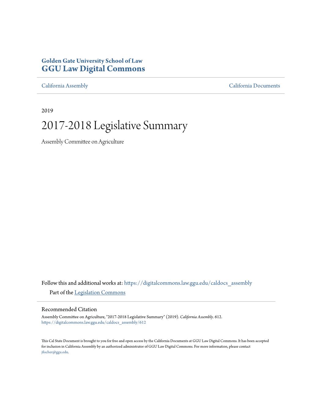 2017-2018 Legislative Summary Assembly Committee on Agriculture