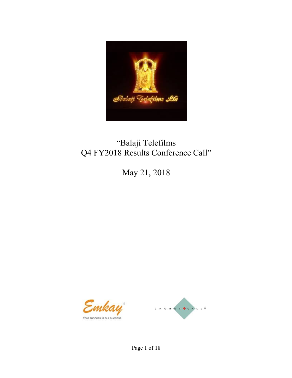 “Balaji Telefilms Q4 FY2018 Results Conference Call” May 21, 2018