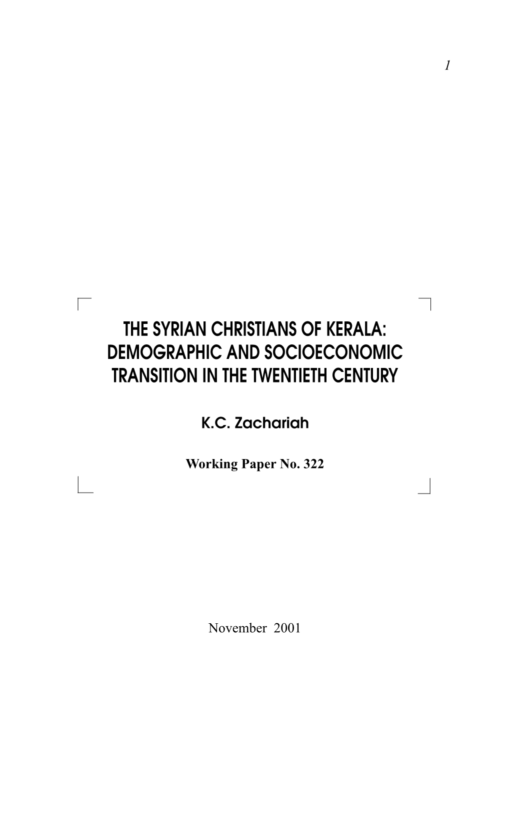 The Syrian Christians of Kerala: Demographic and Socioeconomic Transition in the Twentieth Century