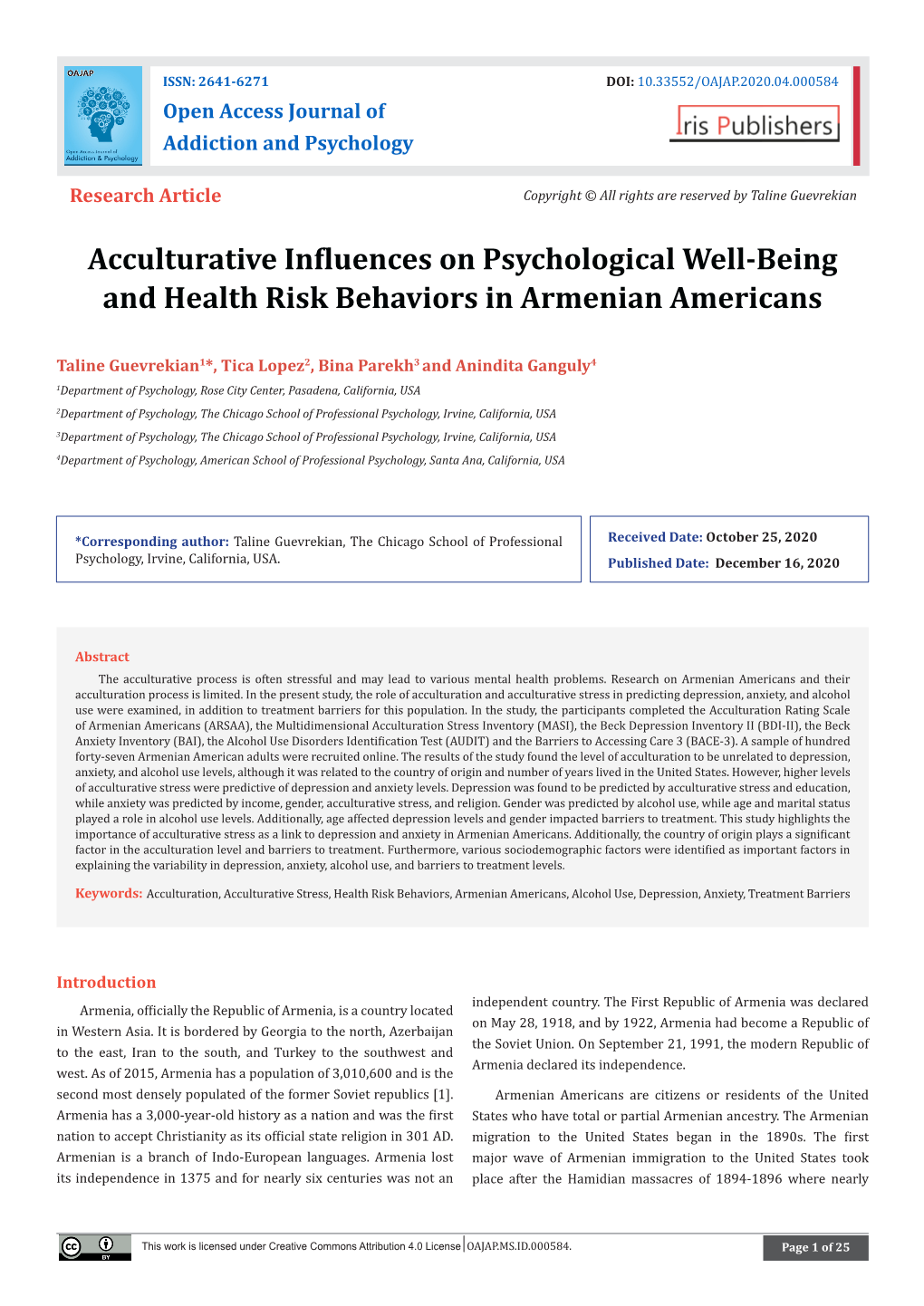 Acculturative Influences on Psychological Well-Being and Health Risk Behaviors in Armenian Americans