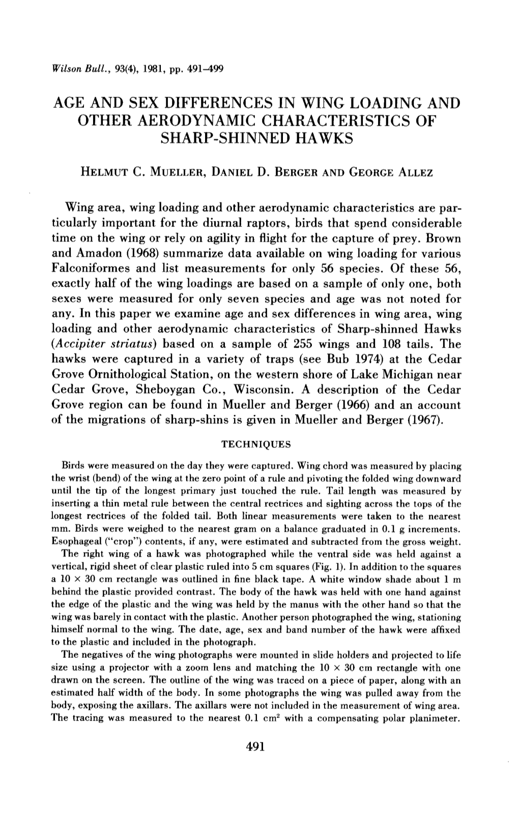 Age and Sex Differences in Wing Loading and Other Aerodynamic Characteristics of Sharp-Shinned Hawks