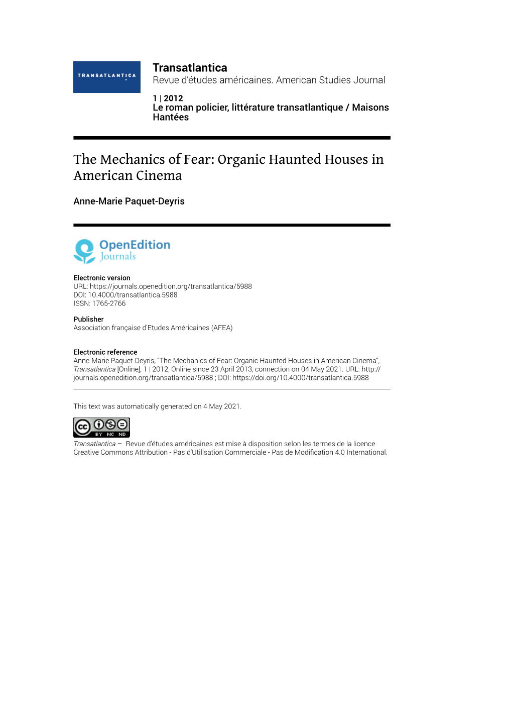 Transatlantica, 1 | 2012 the Mechanics of Fear: Organic Haunted Houses in American Cinema 2