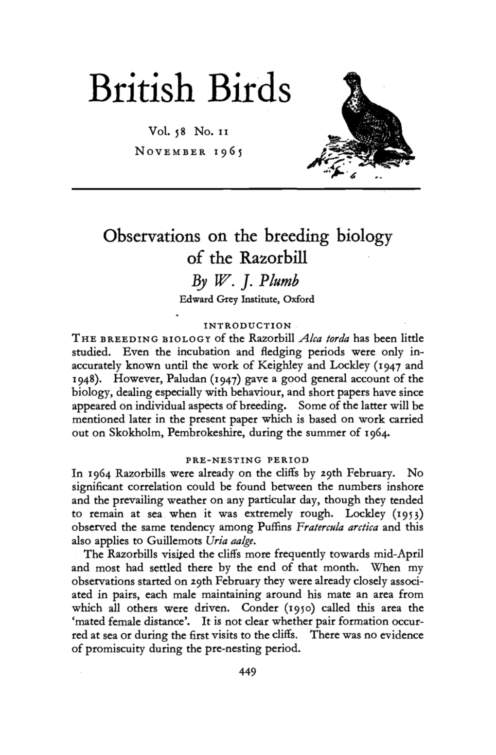 Observations on the Breeding Biology of the Razorbill by W