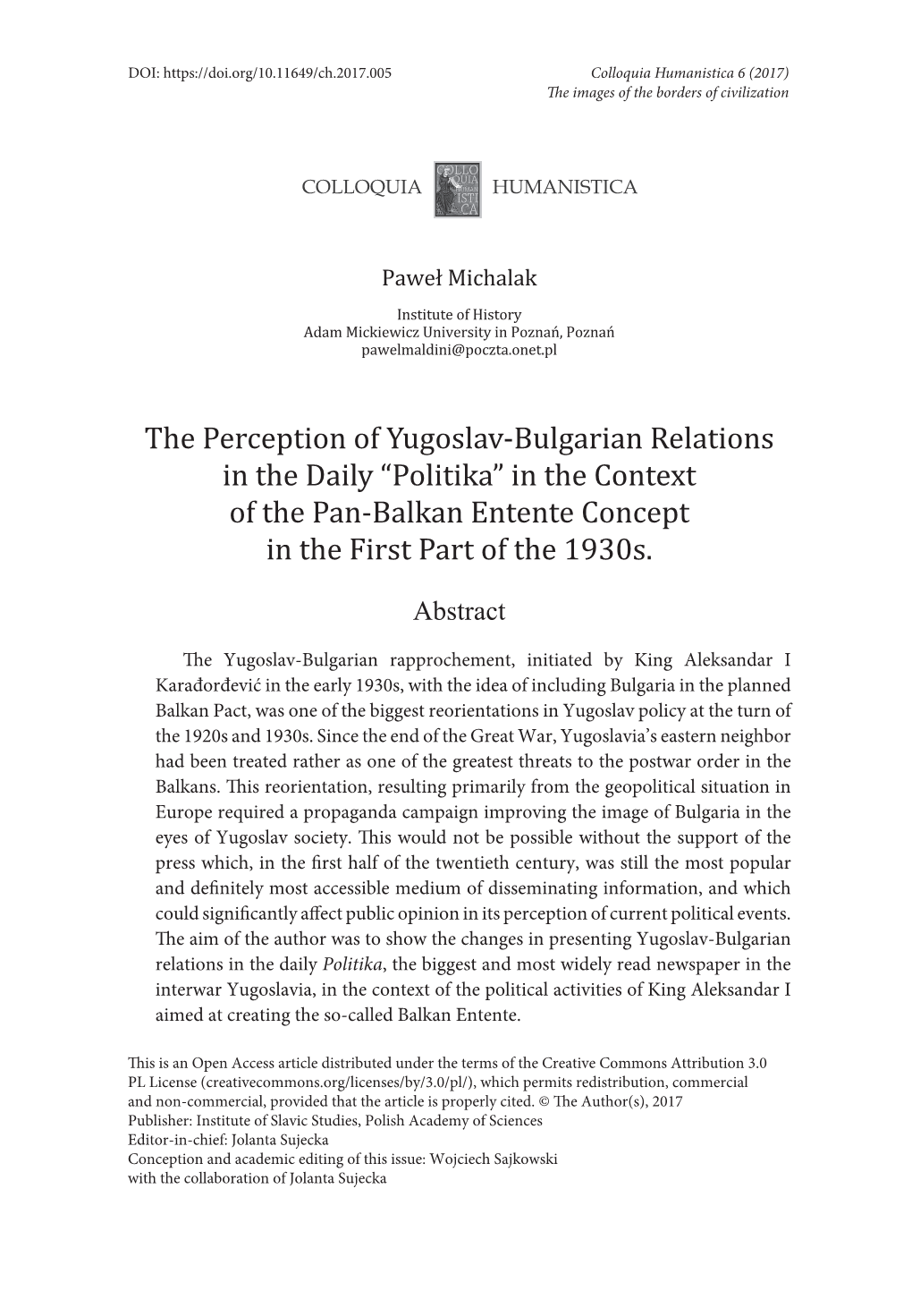 The Perception of Yugoslav-Bulgarian Relations in the Daily “Politika” in the Context of the Pan-Balkan Entente Concept in the First Abstractpart of the 1930S