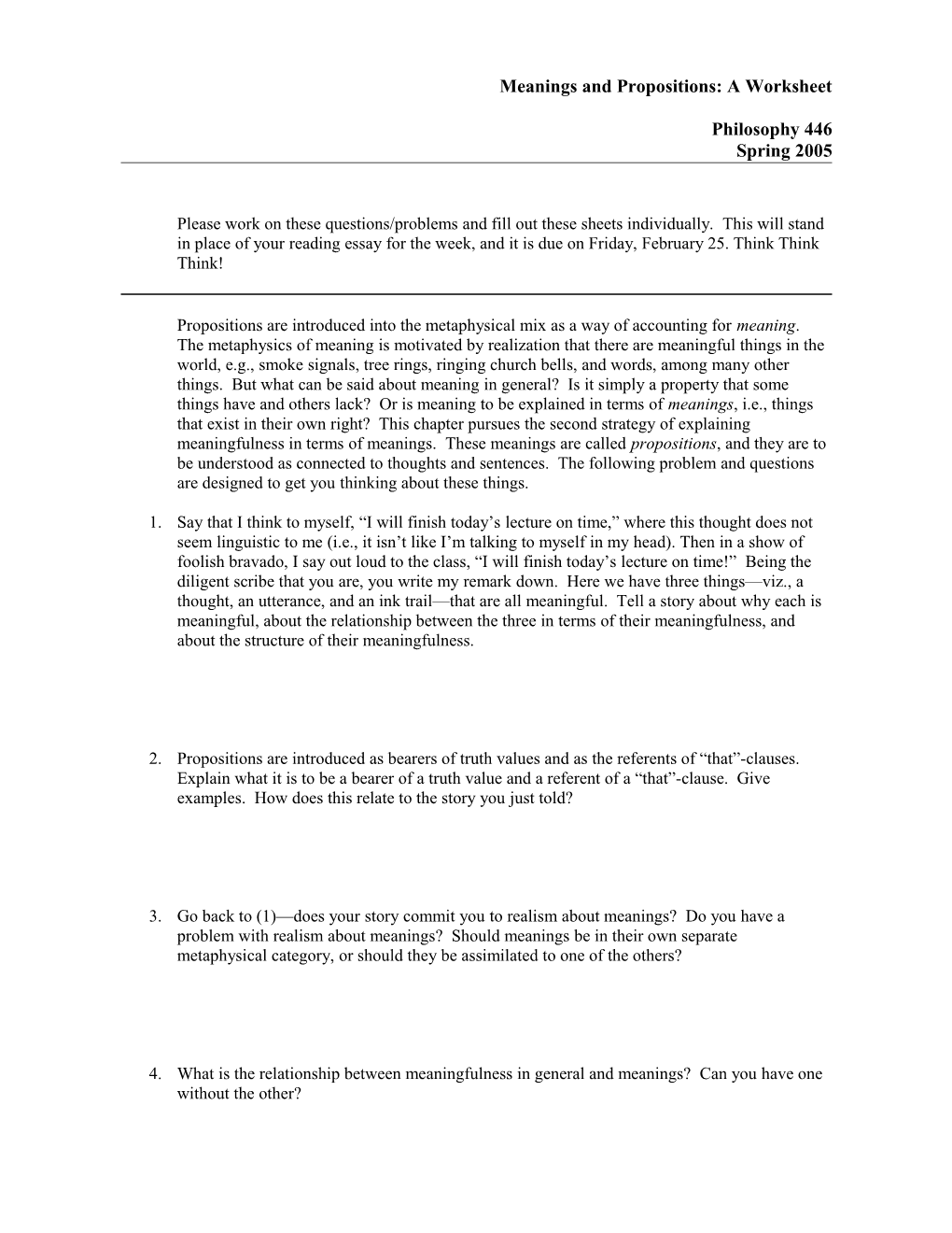 Philosophy 446: Meanings and Propositions a Worksheet