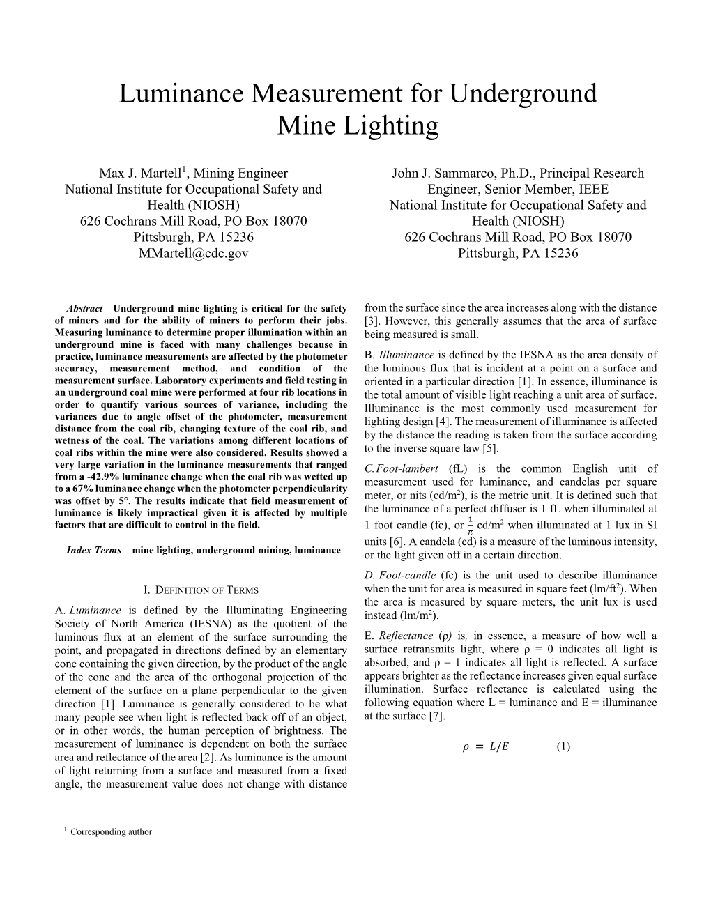 Luminance Measurement for Underground Mine Lighting