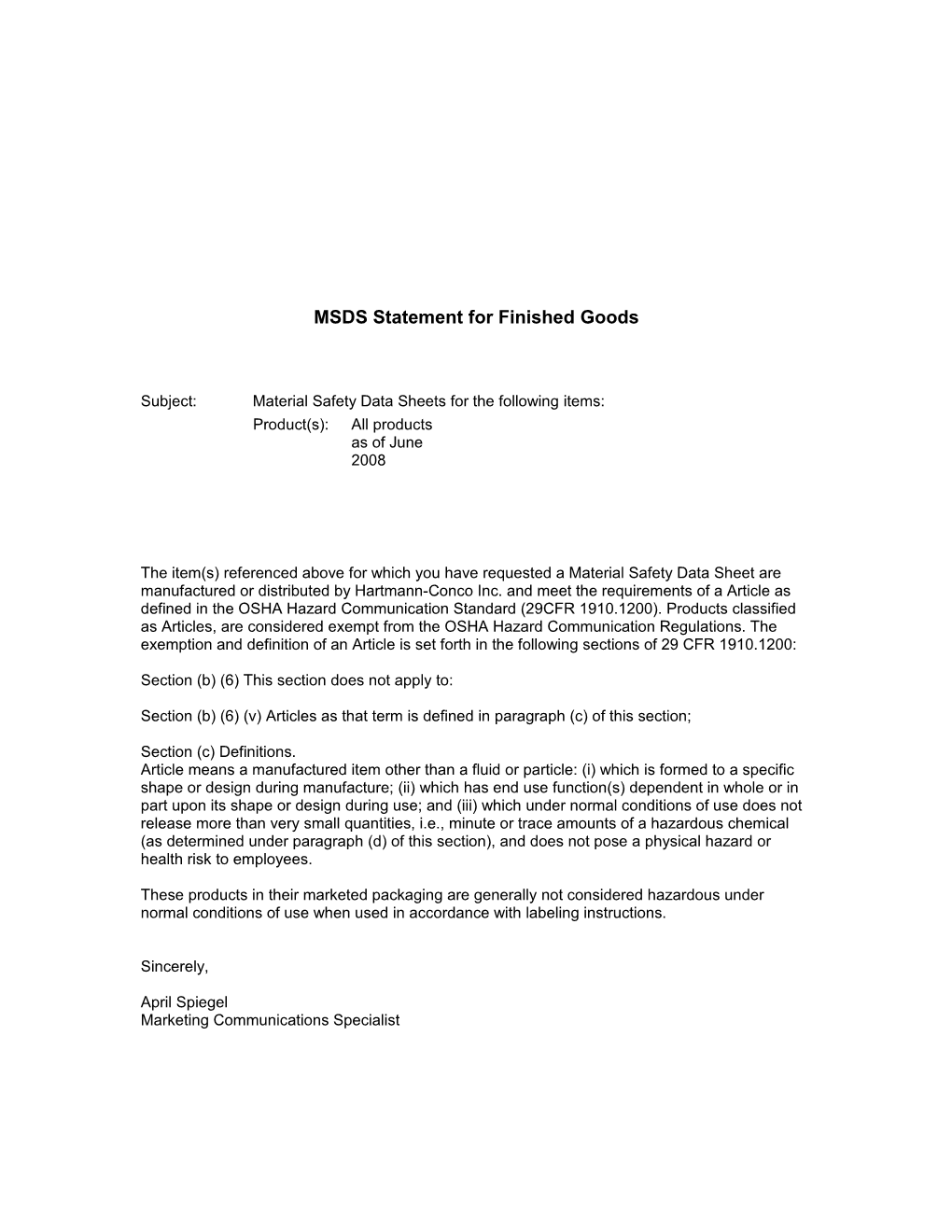 MSDS Statement for Finished Goods