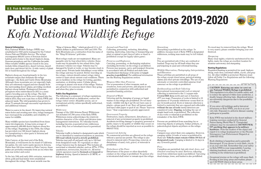 Public Use and Hunting Regulations 2019-2020 Kofa National Wildlife Refuge