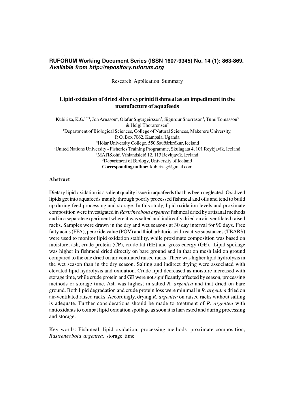 Lipid Oxidation of Dried Silver Cyprinid Fishmeal As an Impediment in the Manufacture of Aquafeeds