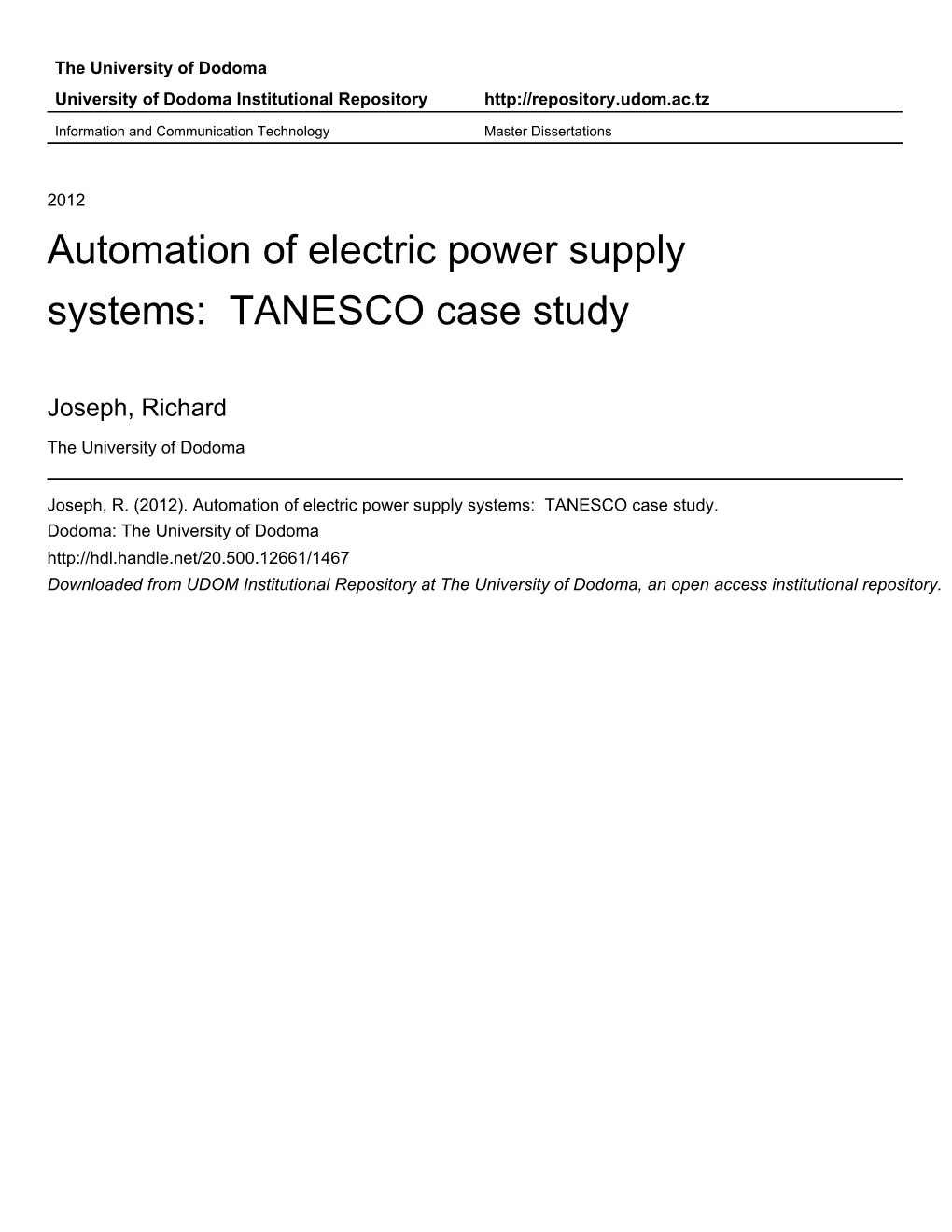 Automation of Electric Power Supply Systems: TANESCO Case Study
