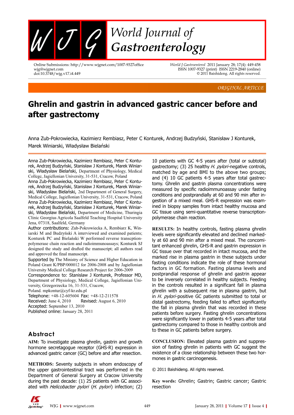 Ghrelin and Gastrin in Advanced Gastric Cancer Before and After Gastrectomy