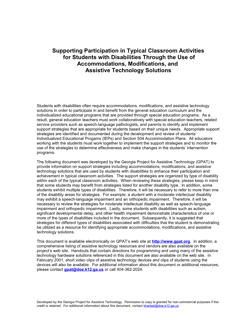 Supporting Participation in Typical Classroom Activities MS Word Document