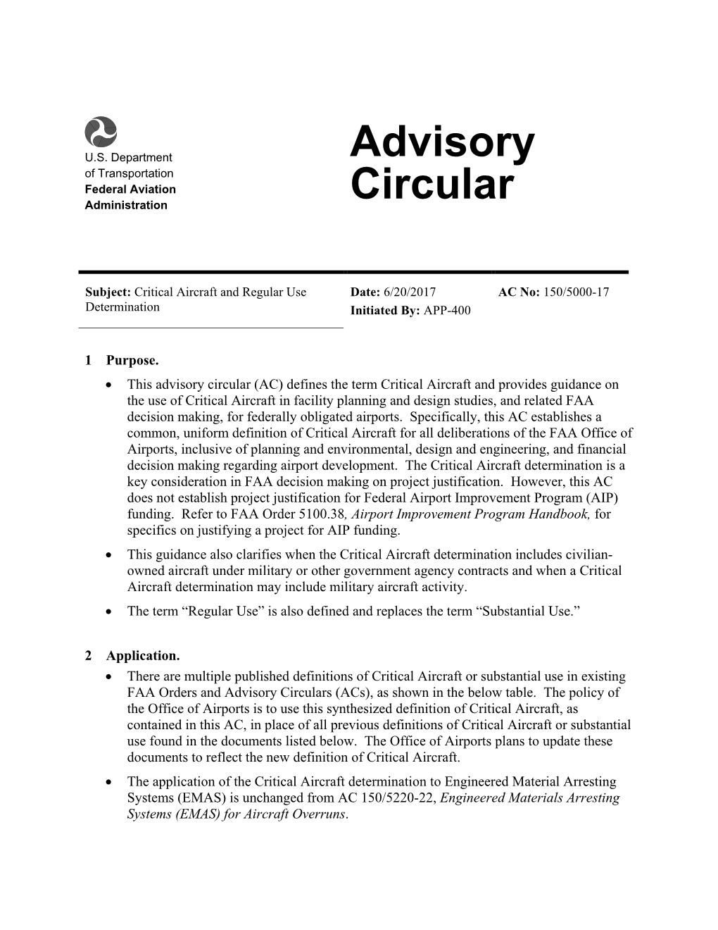 AC 150/5000-17, Critical Aircraft and Regular Use Determination