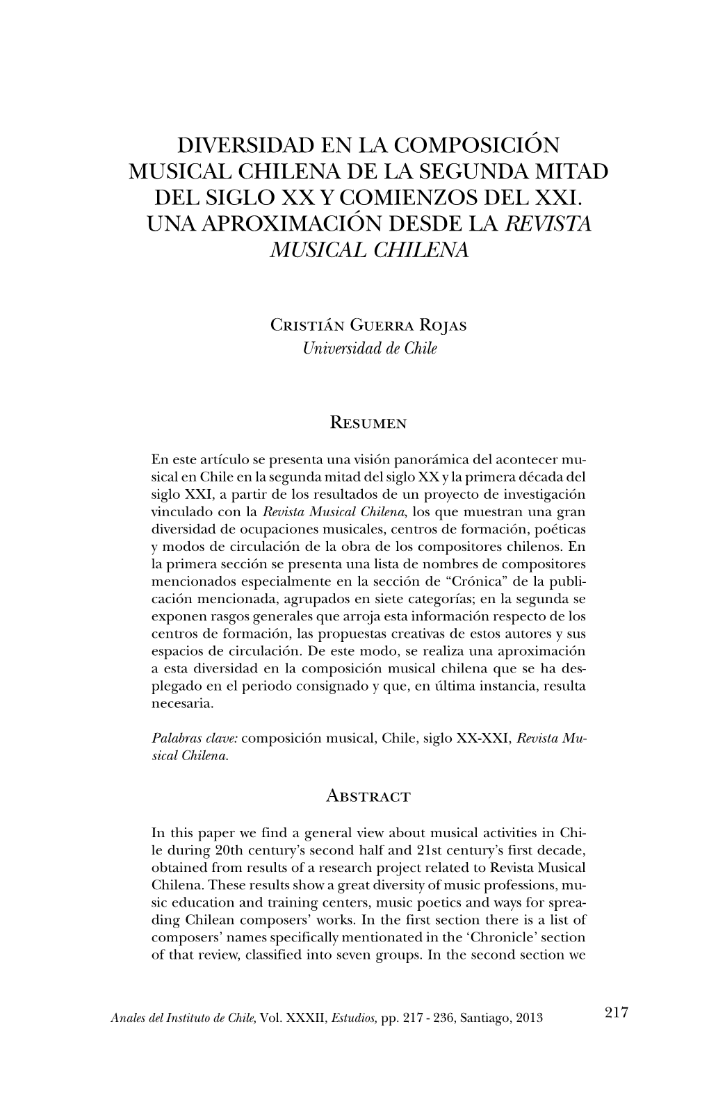 Diversidad En La Composición Musical Chilena De La Segunda Mitad Del Siglo XX Y Comienzos Del XXI