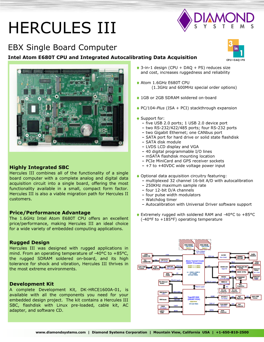 HERCULES III EBX Single Board Computer Intel Atom E680T CPU and Integrated Autocalibrating Data Acquisition
