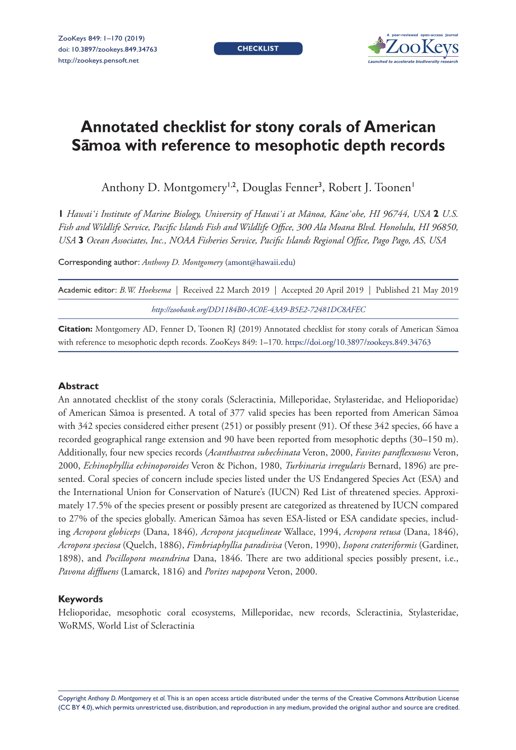 Annotated Checklist for Stony Corals of American Saˉmoa With