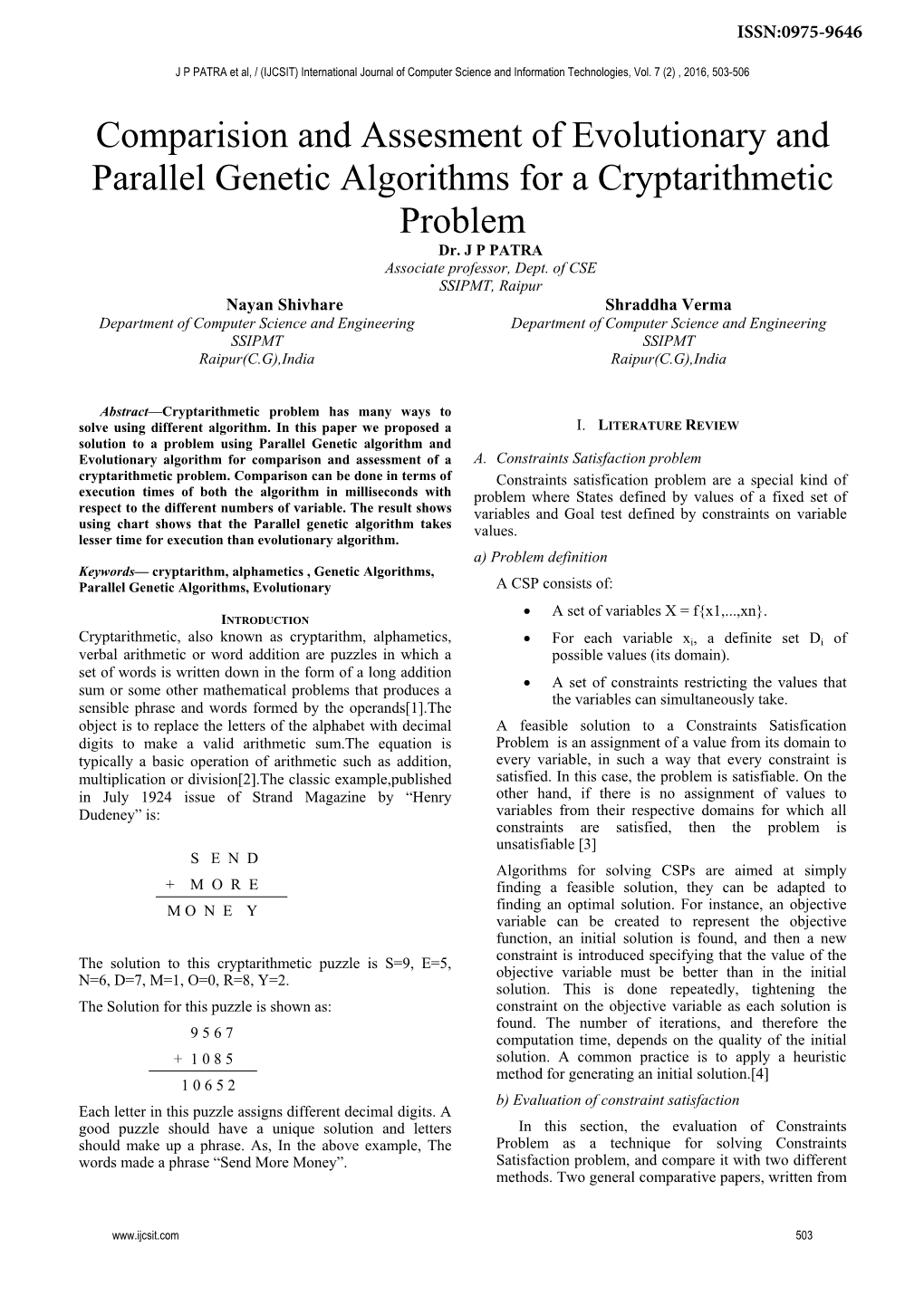 Comparision and Assesment of Evolutionary and Parallel Genetic Algorithms for a Cryptarithmetic Problem Dr