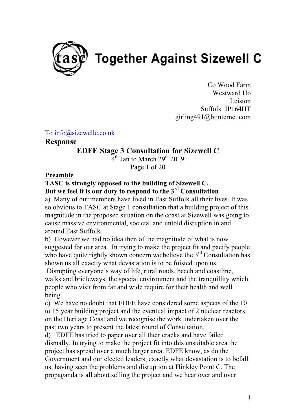 Response EDFE Stage 3 Consultation for Sizewell C 4Th Jan to March 29Th 2019 Page 1 of 20 Preamble TASC Is Strongly Opposed to the Building of Sizewell C