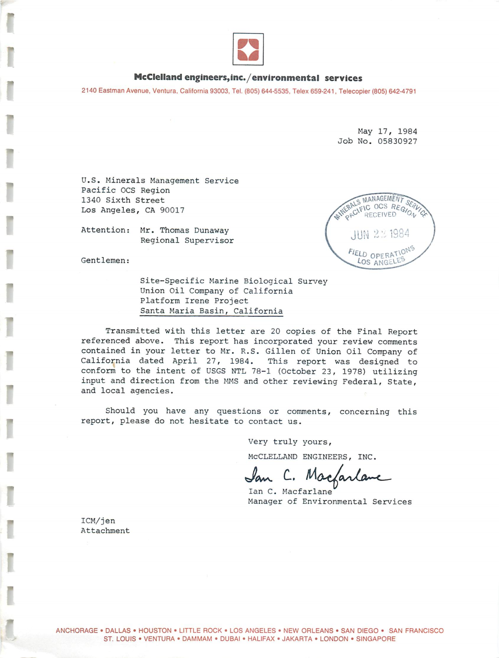 1984 Final Report Site-Specific Marine Biological Survey Union