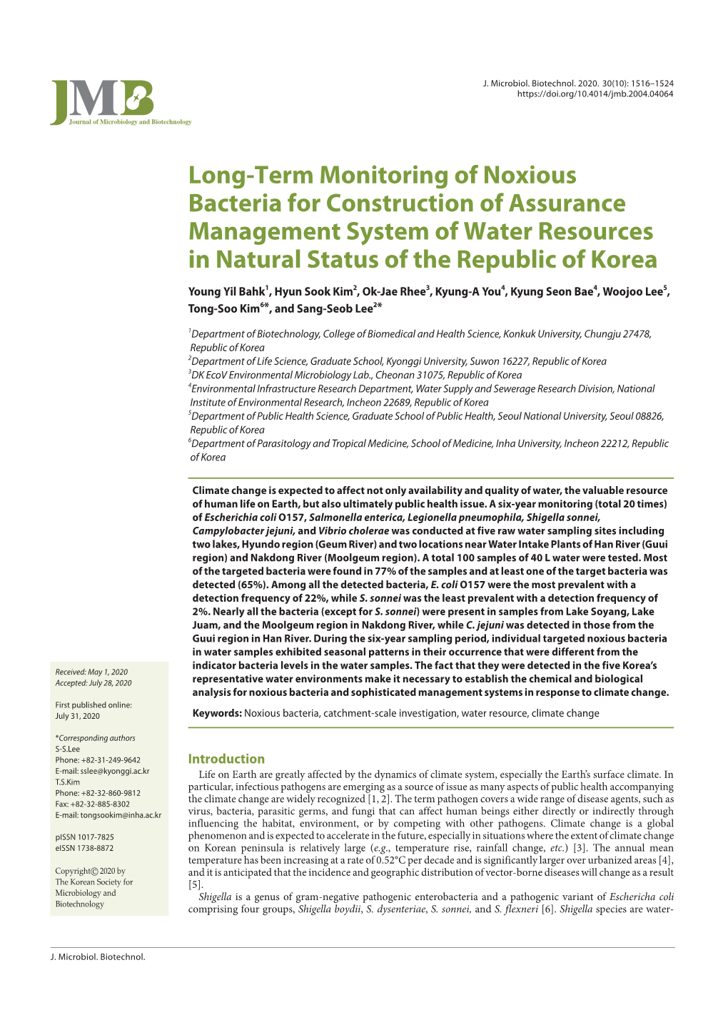 Long-Term Monitoring of Noxious Bacteria for Construction of Assurance Management System of Water Resources in Natural Status of the Republic of Korea