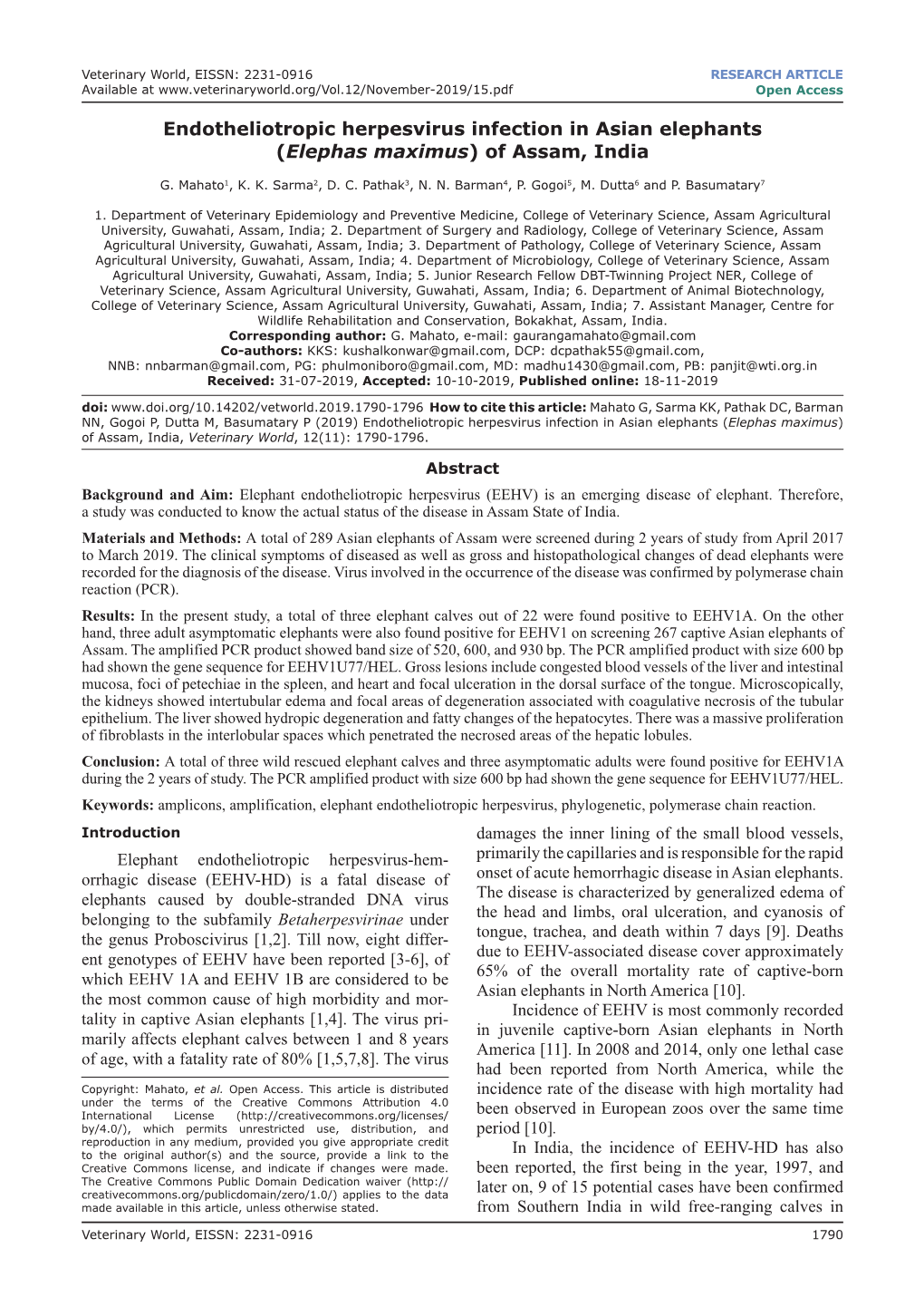 Endotheliotropic Herpesvirus Infection in Asian Elephants (Elephas Maximus) of Assam, India