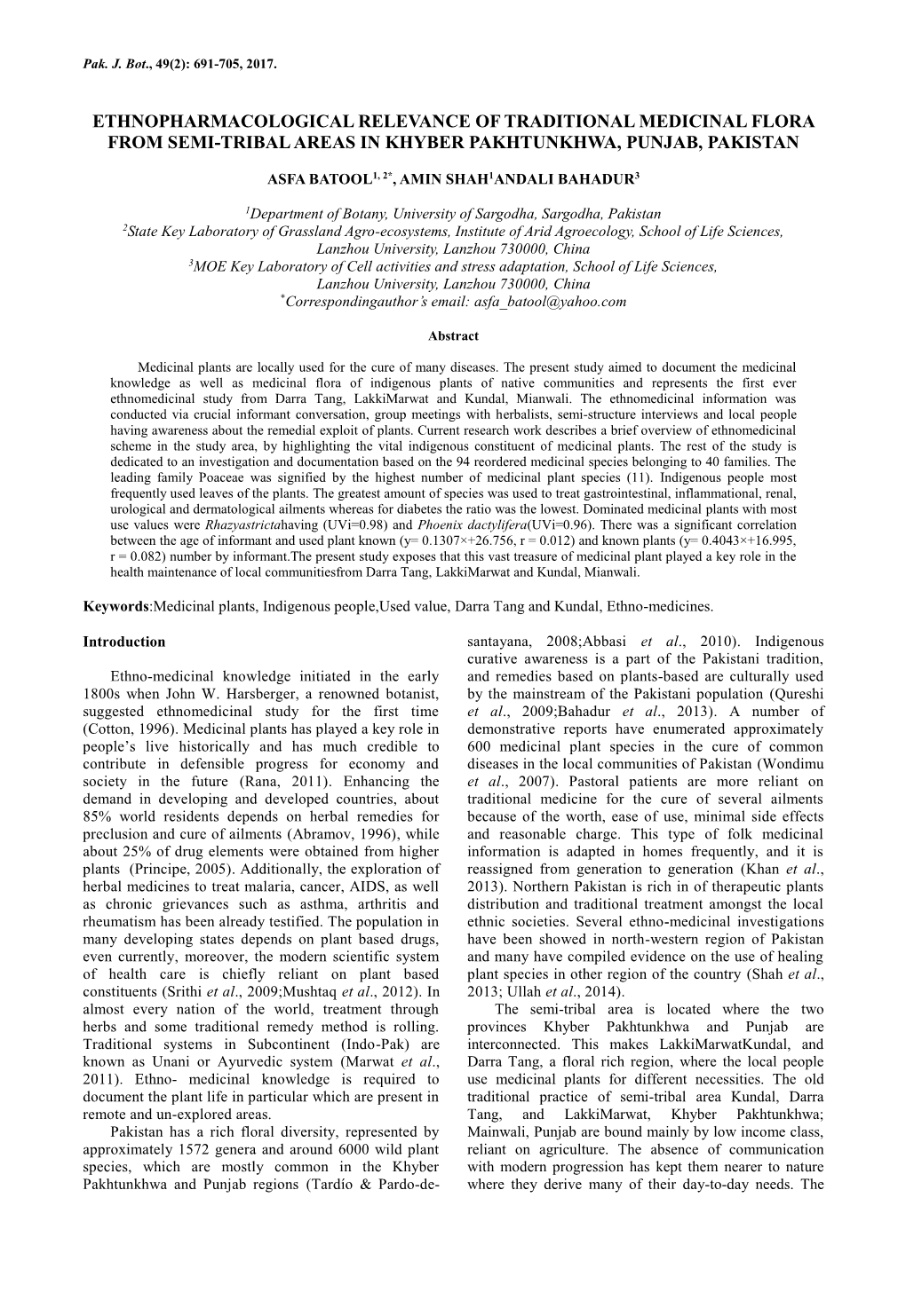 Ethnopharmacological Relevance of Traditional Medicinal Flora from Semi-Tribal Areas in Khyber Pakhtunkhwa, Punjab, Pakistan