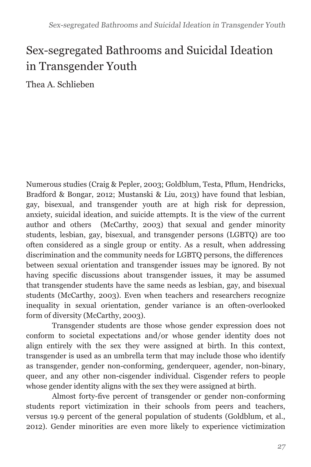 Sex-Segregated Bathrooms and Suicidal Ideation in Transgender Youth