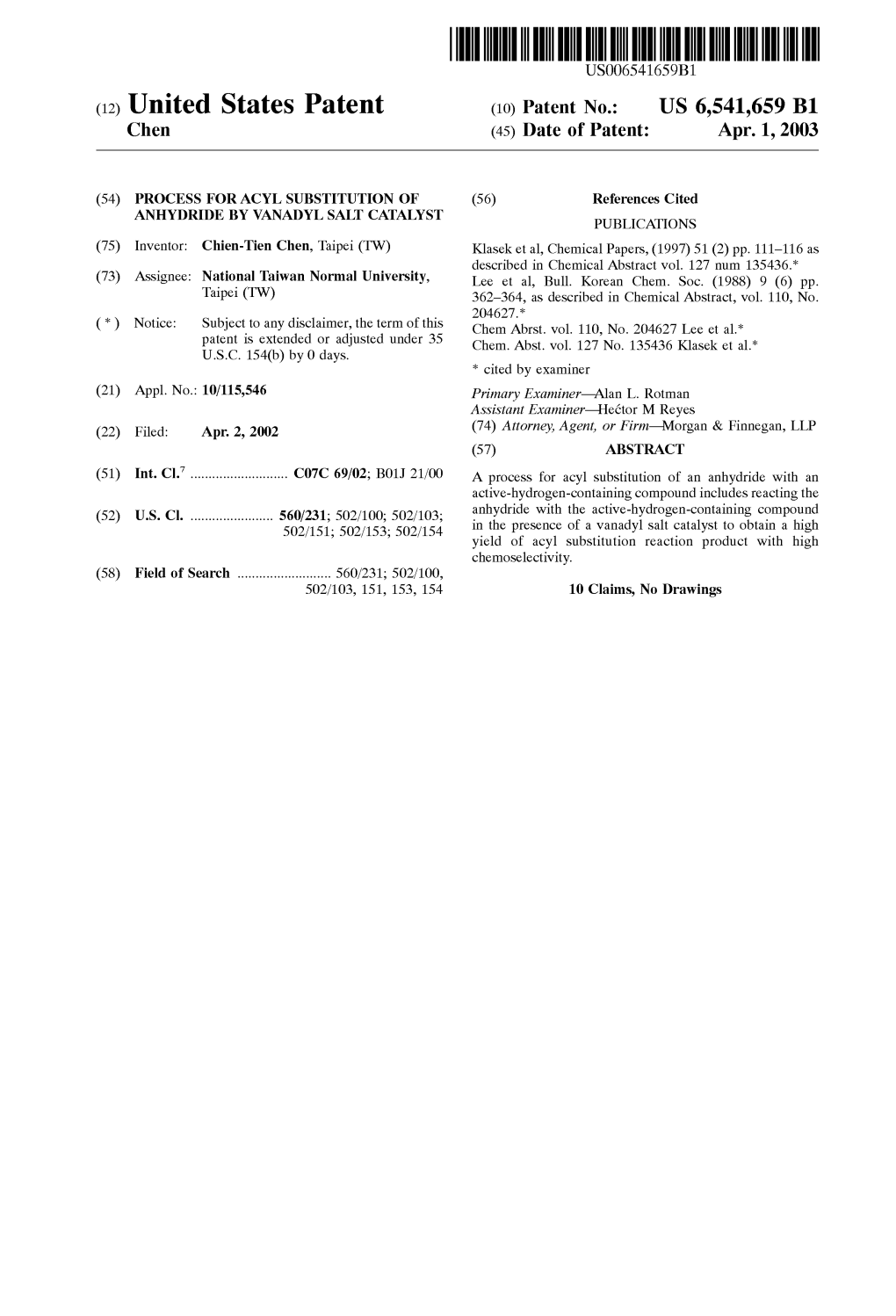 (12) United States Patent (10) Patent No.: US 6,541,659 B1 Chen (45) Date of Patent: Apr