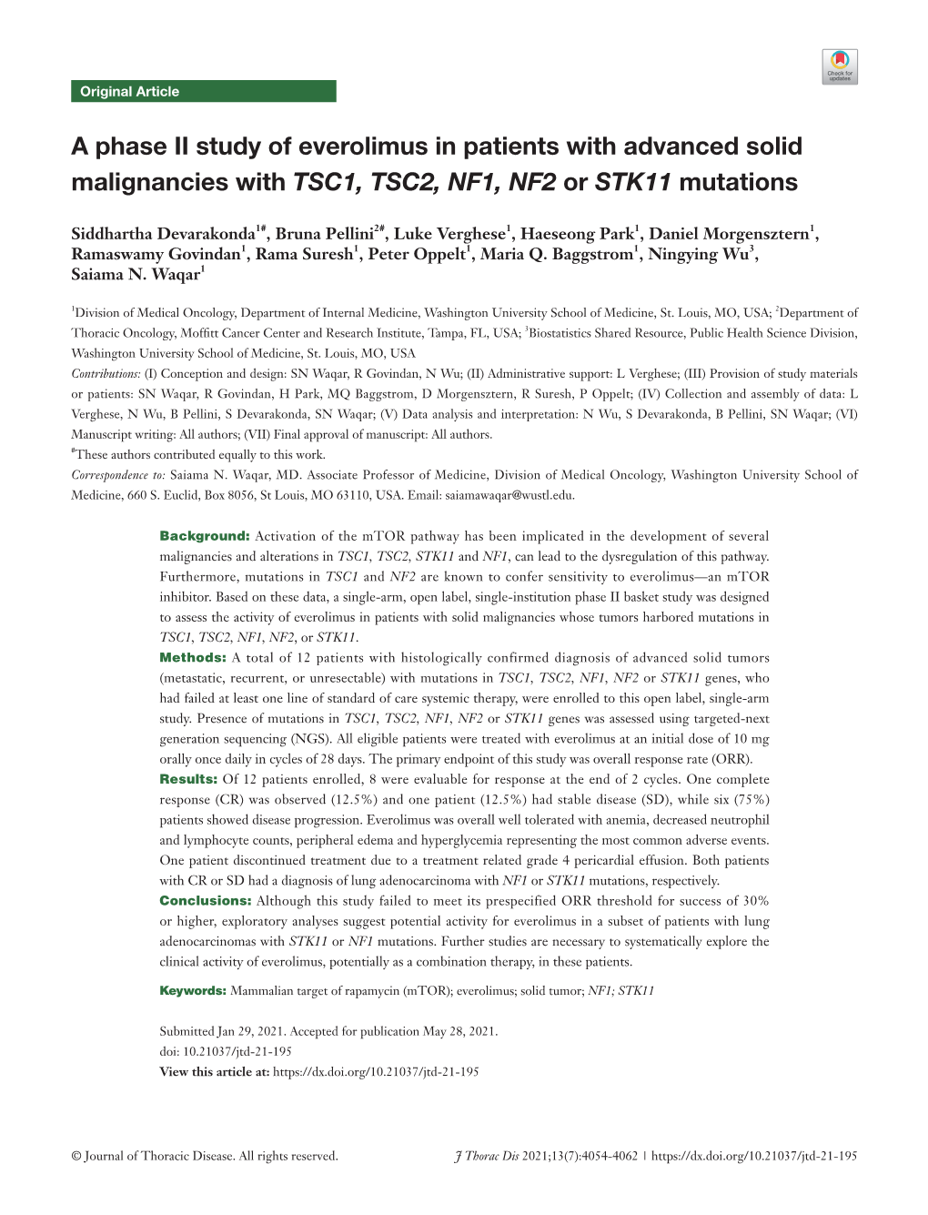 A Phase II Study of Everolimus in Patients with Advanced Solid Malignancies with TSC1, TSC2, NF1, NF2 Or STK11 Mutations