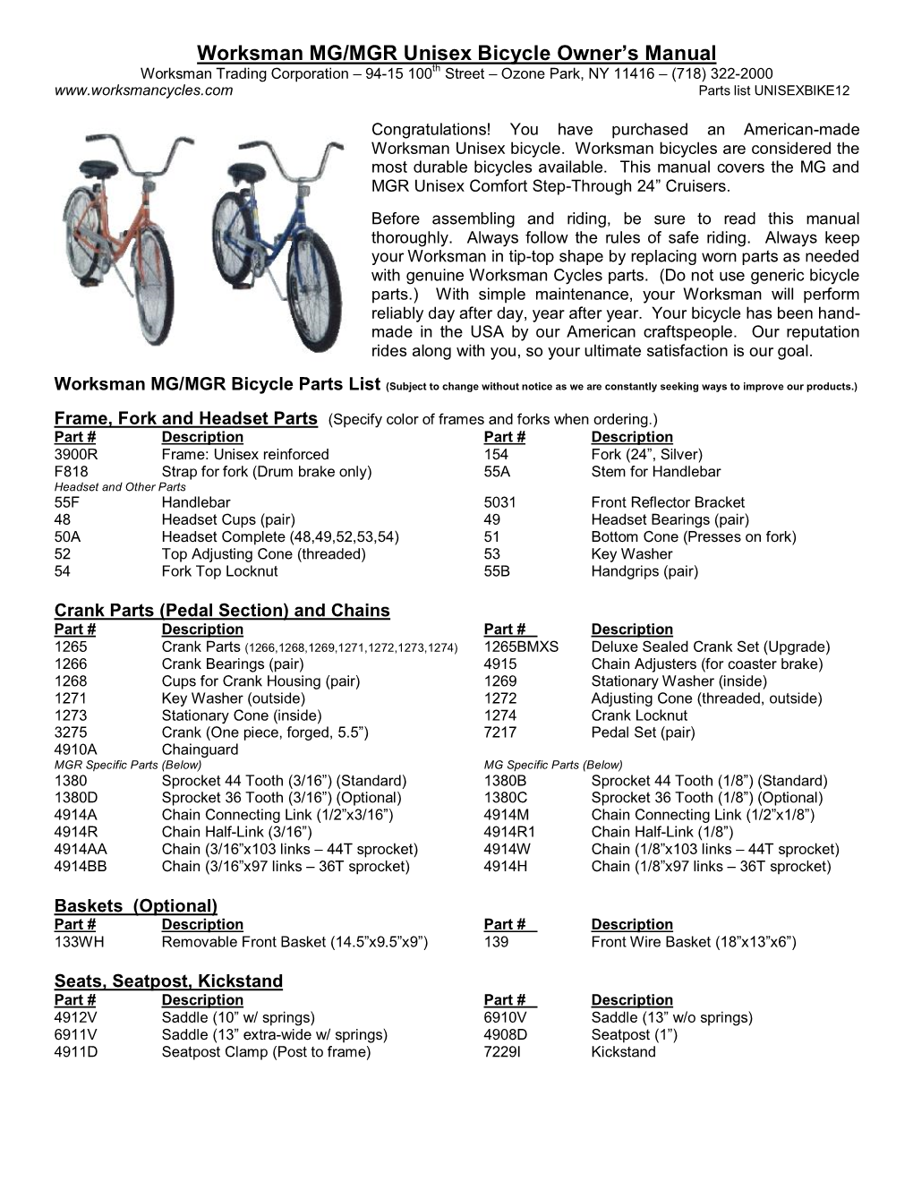 Worksman MG/MGR Unisex Bicycle Owner's Manual