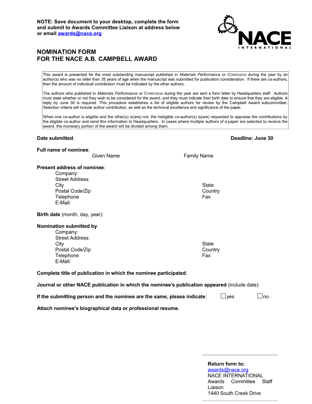 Nomination Form for the Nace A.B. Campbell Award